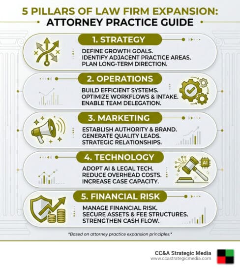 Infographic outlining five pillars of law firm expansion: Strategy, Operations, Marketing, Technology, and Financial Risk, with corresponding icons.