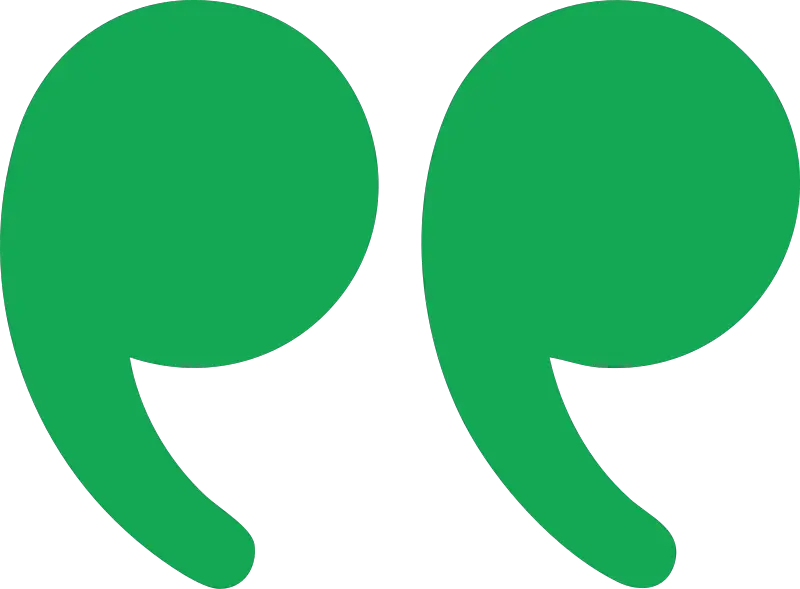 Two large green quotation marks facing inward, used to denote quoted text (decorative icon).