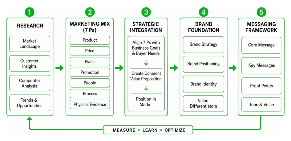 Marketing framework diagram showing steps: Research; Marketing Mix (7 Ps); Strategic Integration; Brand Foundation; Messaging Framework, with a Measure–Learn–Optimize loop
