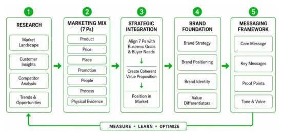Marketing framework diagram showing steps: Research; Marketing Mix (7 Ps); Strategic Integration; Brand Foundation; Messaging Framework, with a Measure–Learn–Optimize loop
