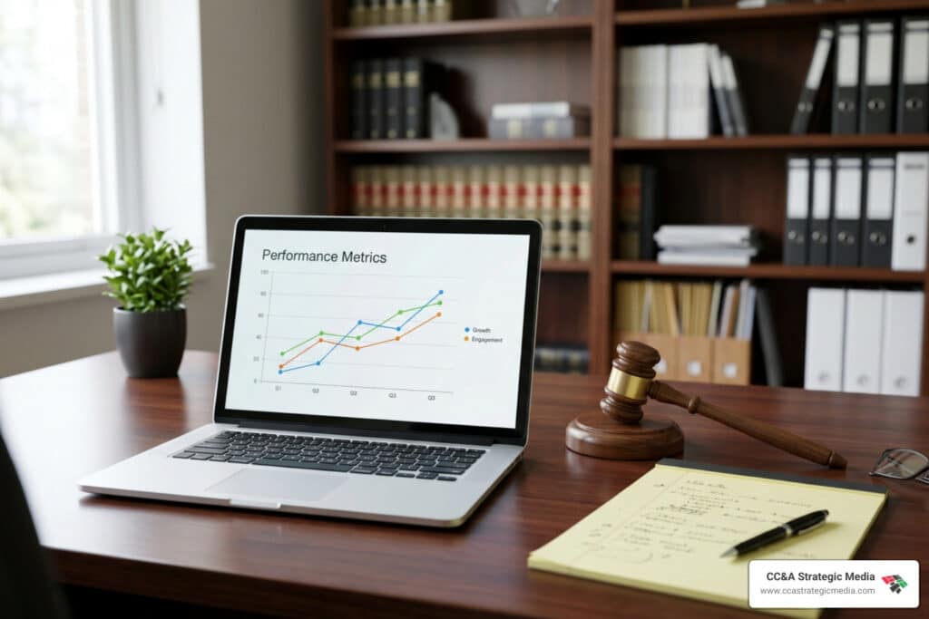 Laptop on a wooden desk displaying a 'Performance Metrics' chart; a gavel and notebook nearby in an office setting.