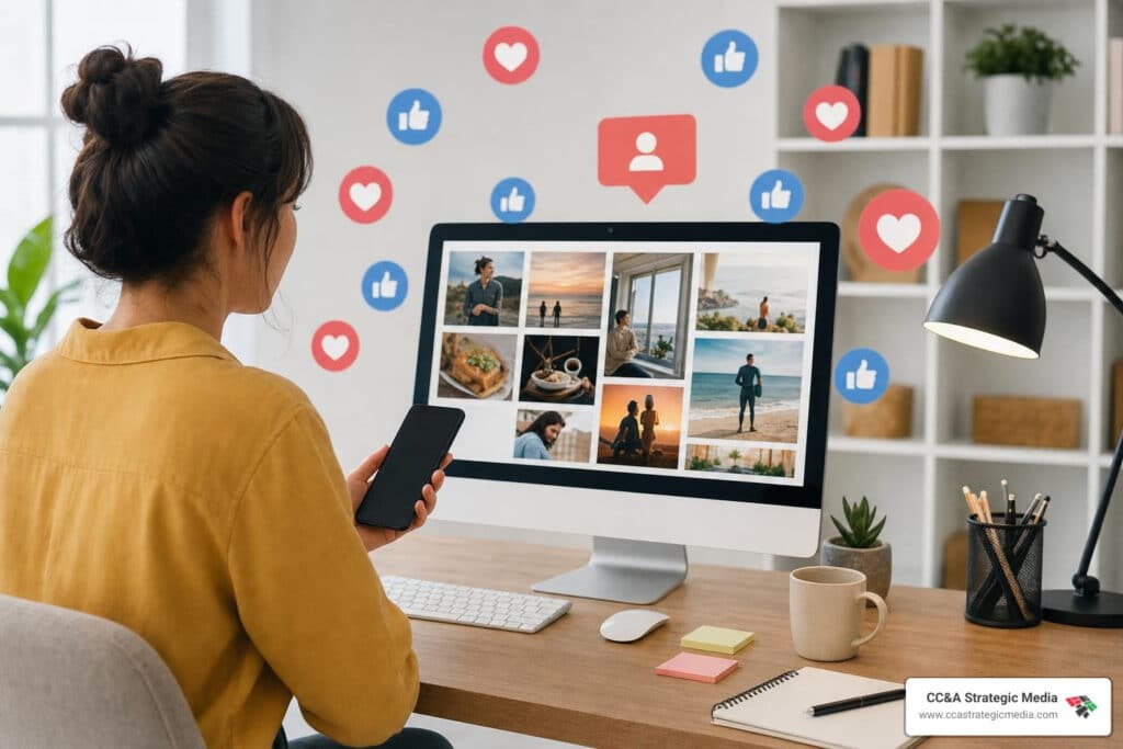 Woman at a desk viewing a photo collage on a desktop monitor while holding a smartphone; social media icons float on the wall behind her.