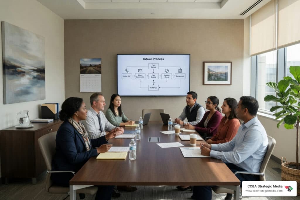 Seven people sit around a conference table in a business meeting, facing a screen showing an intake process diagram.