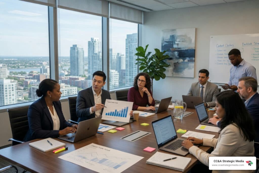 Group of professionals in a boardroom reviewing charts with laptops as city skyline is visible through large windows behind them, emphasizing a business meeting.