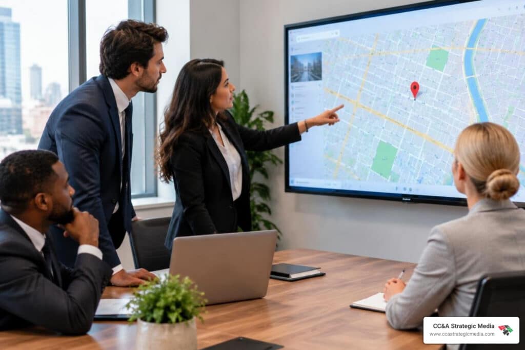 Team of four professionals reviews a city map on a large screen, with a woman pointing at a location pin.